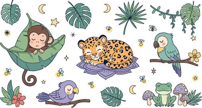 Cute jungle animals sleeping monkey leopard parrot bird frog with tropical leaves stars moon cartoon vector illustration set