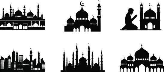 Fototapeta premium Collection of Islamic Mosque architectural silhouettes and a person praying in prayer