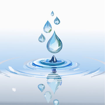 Water drops falling into a clear pool creating ripples, reflecting the sky