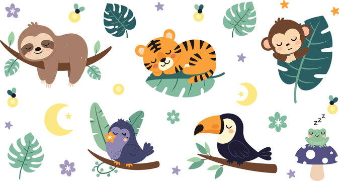 Cute jungle animals sleeping sloth tiger monkey toucan bird frog with tropical leaves moon stars cartoon vector set