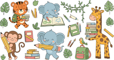Cute jungle animals studying with books pencils backpack tiger elephant monkey giraffe school cartoon vector illustration set © Sumon Creative