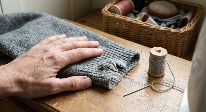 Frayed sweater cuff with hand needle and thread spool on table