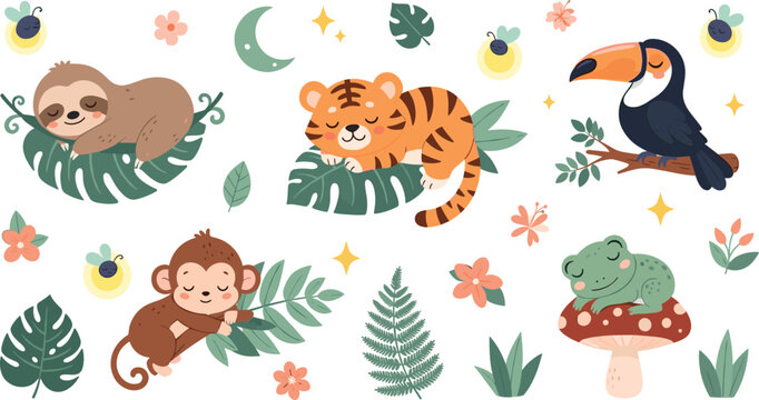 Cute jungle animals sleeping sloth tiger monkey toucan frog with tropical leaves moon stars cartoon vector illustration set