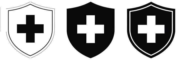 Obraz premium Medical Shield Icons – Black and White Health Protection Symbols
