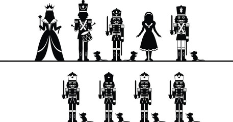 Nutcracker soldiers, queen and girl silhouette collection with mice characters, classic Christmas ballet theme vector illustration isolated on background © Ramzan Creatives