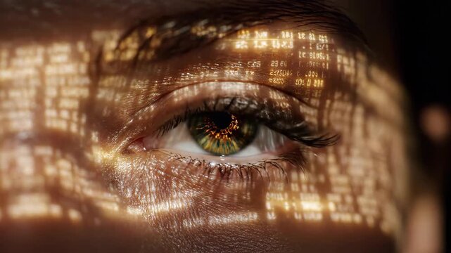 Womans green eye with digital matrix overlay. Blinking sequence in cyber vision. Futuristic technology merging human gaze and code patterns.