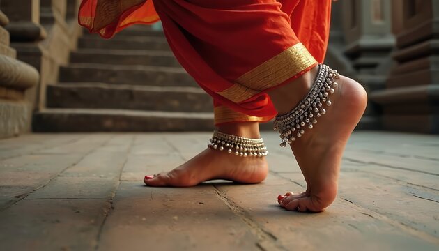 Classical Indian dancer bare feet adorned with silver anklets move gracefully. Traditional red costume details with gold trim. Stone floor and stairs background.