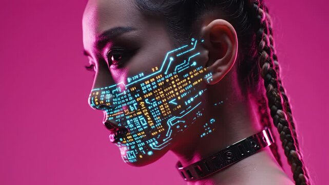 Woman displaying neon circuit patterns on her face. Cybernetic digital grid overlay evolving in sequence. Futuristic technology and data visualization concept for innovative digital art.