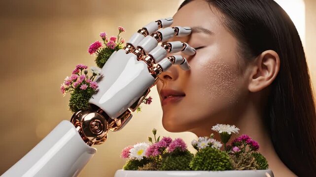 Woman caressed by robotic hand adorned with flowers and moss. Gentle fusion of human emotion and technology. Intimate nature machine interaction sequence