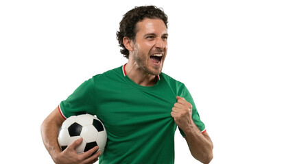 Man in Mexican National Team jersey holding soccer ball on transparent background