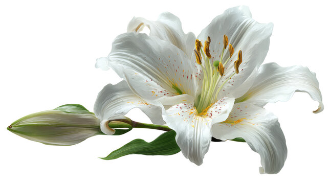 White lily with long petals and yellow stamens, isolated on a white background