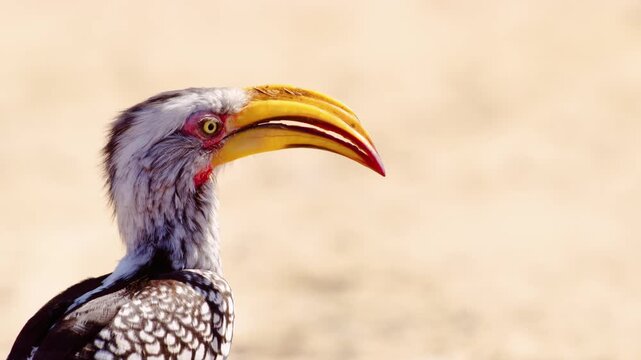 Curious Southern yellow-billed hornbill (Tockus leucomelas) in Chobe National Park, Botswana. Low point of view.