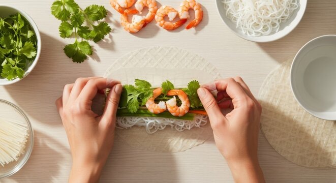 Hands preparing fresh spring rolls with shrimp and herbs.