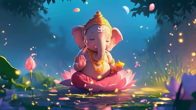 Hindu god Ganesha sitting on lotus flower in pond. Deva meditating surrounded by falling petals at night. Indian religion spiritual concept and divine serenity.