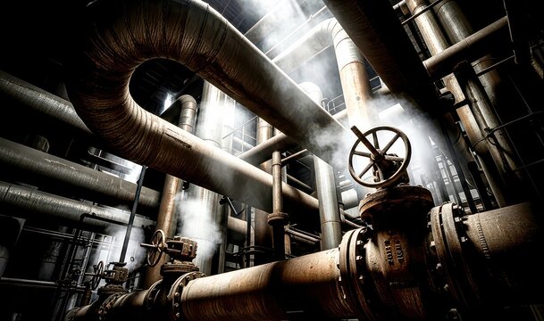 Industrial pipe system with steam and manual valve in old factory dark metal interior