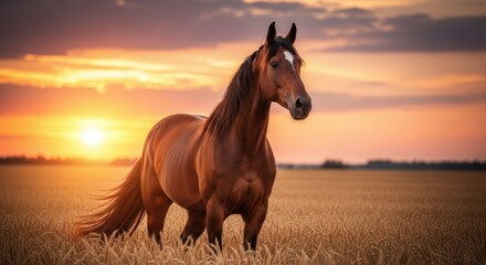 Fototapeta premium Majestic Brown Horse Standing Tall in a Golden Field at Sunset.