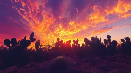 Obraz premium Dramatic Sunset over Prickly Pear Cactus Field
