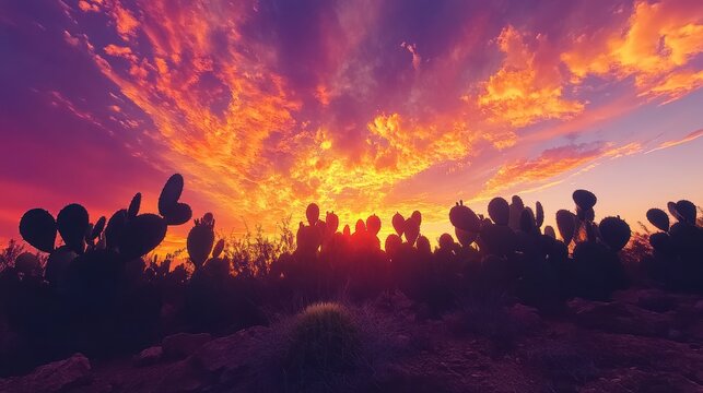 Dramatic Sunset over Prickly Pear Cactus Field
