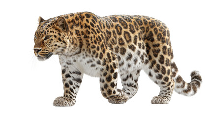 Amur leopard walking, isolated on a white background