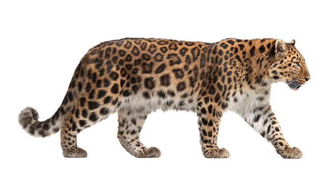 Amur leopard walking, isolated on a white background