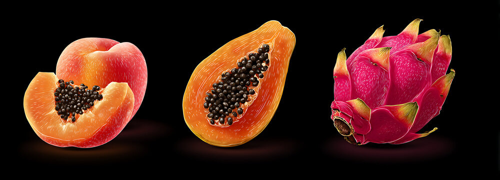 Three stylized illustrations of peaches with vibrant, glossy textures and shadows