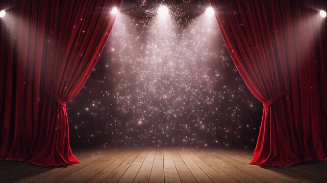 Empty Theater Stage with Red Curtains and Spotlights Particles　赤いカーテンとスポットライトに照らされた無人のシアターステージ　動画