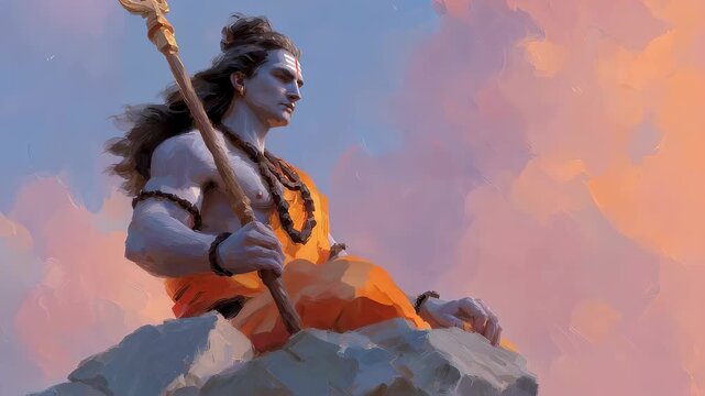 Lord Shiva sitting on mountain holding a trident. Hindu deity meditating in the sky. Ancient Indian mythology god with long hair and traditional orange clothing.