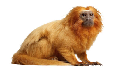Fototapeta premium Golden lion tamarin sitting, isolated on a white background