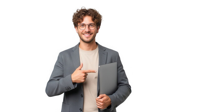 A man pointing to himself with a laptop isolated on transparent background