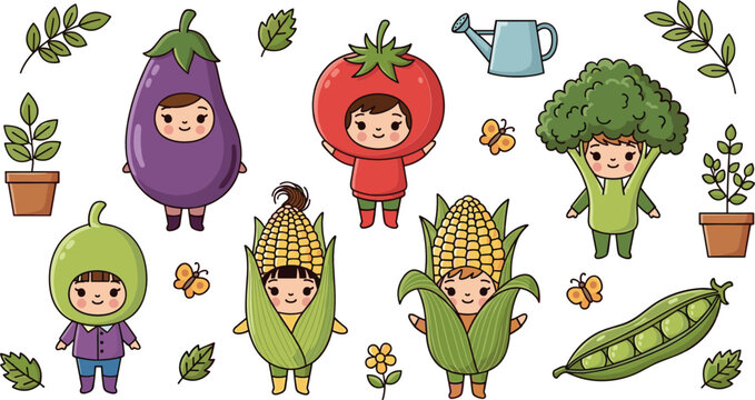 Cute kids in vegetable costumes eggplant tomato broccoli corn pea garden kawaii cartoon characters vector illustration set