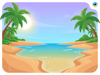 Obraz premium Tropical beach scene with palm trees and clear blue water under sunny sky