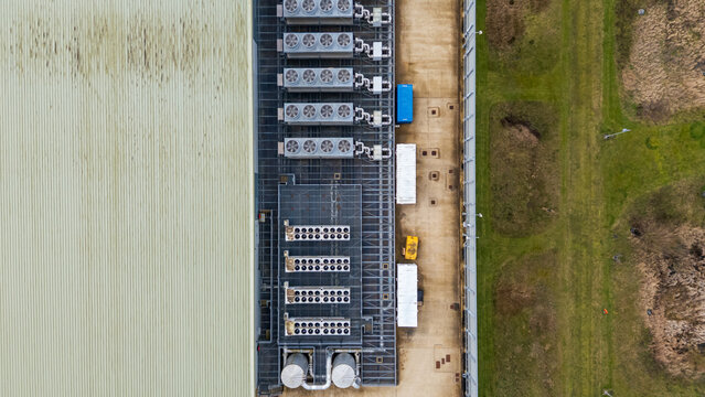 Overhead Birds Eye shot of cooling and backup systems at a modern data centre in Corby, Northamptonshire, UK