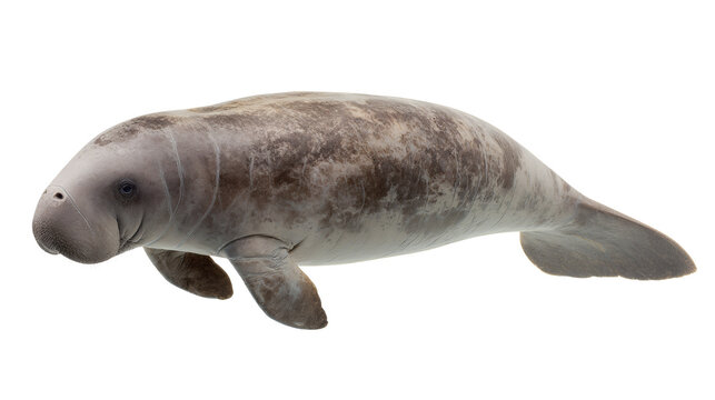 Dugong swimming calmly, isolated on a white background