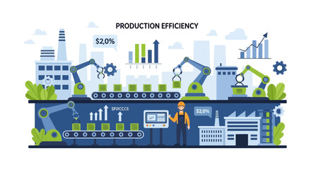 Fototapeta premium Production Efficiency Concept with Robotic Automation in Smart Factory, Manufacturing Process Optimization, and Industrial Growth Illustration
