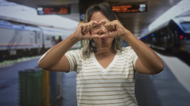 Hispanic middle aged woman smiling forms heart with hands at eye level on train platform inside busy station building while wearing striped v neck shirt; travel joy.