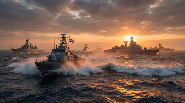 A fleet of Iranian navy ships sailing in the Persian Gulf.