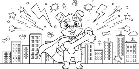 Superhero Puppy Dog Coloring Page with City Skyline, Lightning and Stars for Kids Activity Book, Cute Pet Hero Line Art Illustration © jafrine