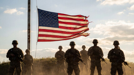 Naklejka premium American Soldiers and US Flag. US troops