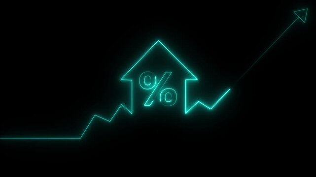 Home icon house sign neon lights animation with up success arrow persentage increase. Neon House, home building animation. Neon home button icon animation