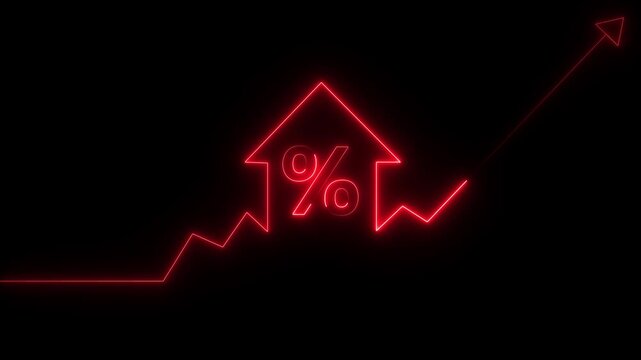 Home icon house sign neon lights animation with up success arrow persentage increase. Neon House, home building animation. Neon home button icon animation