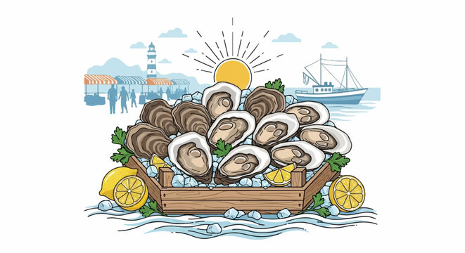 A bountiful display of fresh oysters on ice with lemons, a seaside market, and a fishing boat