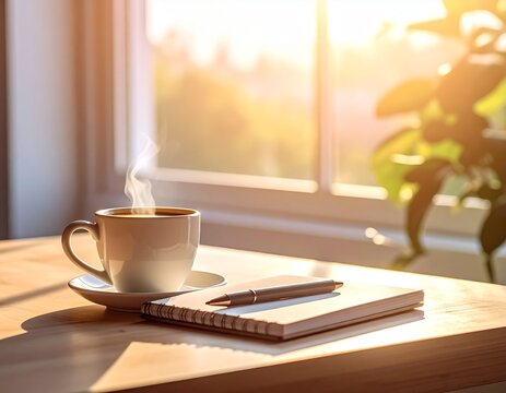 Minimal desk with notebook and steaming coffee in soft morning light