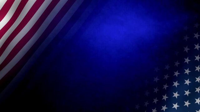 Patriotic USA background animation featuring waving American flag stripes, white stars and deep blue textured backdrop. Ideal for Independence Day, Presidents Day, Memorial Day, national celebrations.