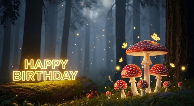 Whimsical forest scene birthday background with glowing mushrooms and festive decor