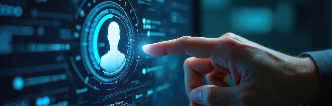 Person finger touches interface with user profile icon. Digital dashboard displays info. Futuristic system control panel active screen. Cyber security access granted. Data management dashboard.