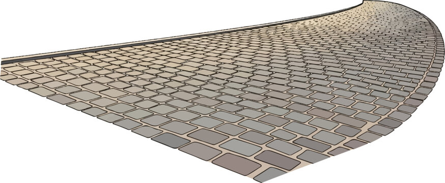 A curved pathway made of cobblestones fades into the distance on a white background