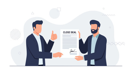 Fototapeta premium Businessmen closing a deal with a signed contract and thumbs up gesture