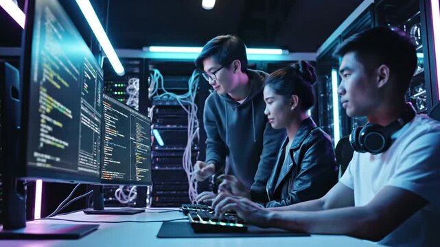 Three diverse programmers collaborating on coding project in modern computer lab.