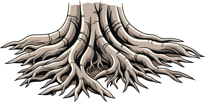 A detailed illustration of a complex, intricate tree root system spreading outwards