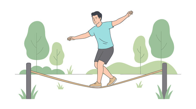 A man balances on a slackline in a park, a flat illustration in pastel colors on a white background.